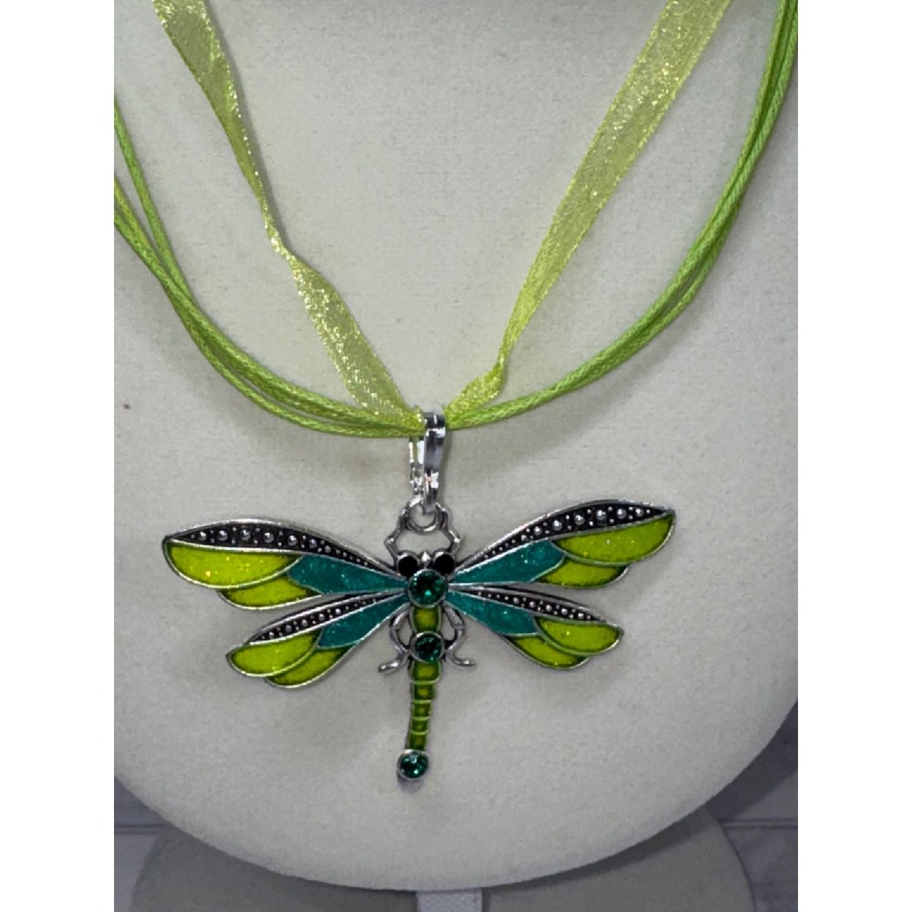 Green Enamel Dragonfly Pendant Necklace Teal Rhinestone Multi Ribbon Cord New